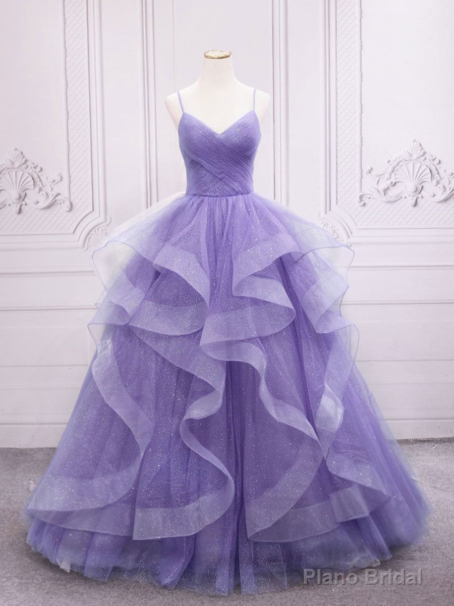Purple v neck Tulle Long Prom Dress, Purple Sweet 16 Dress Main image
