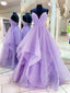 Purple V Neck Tulle Sequin Long Formal Prom Dresses, Purple Prom Dresses
