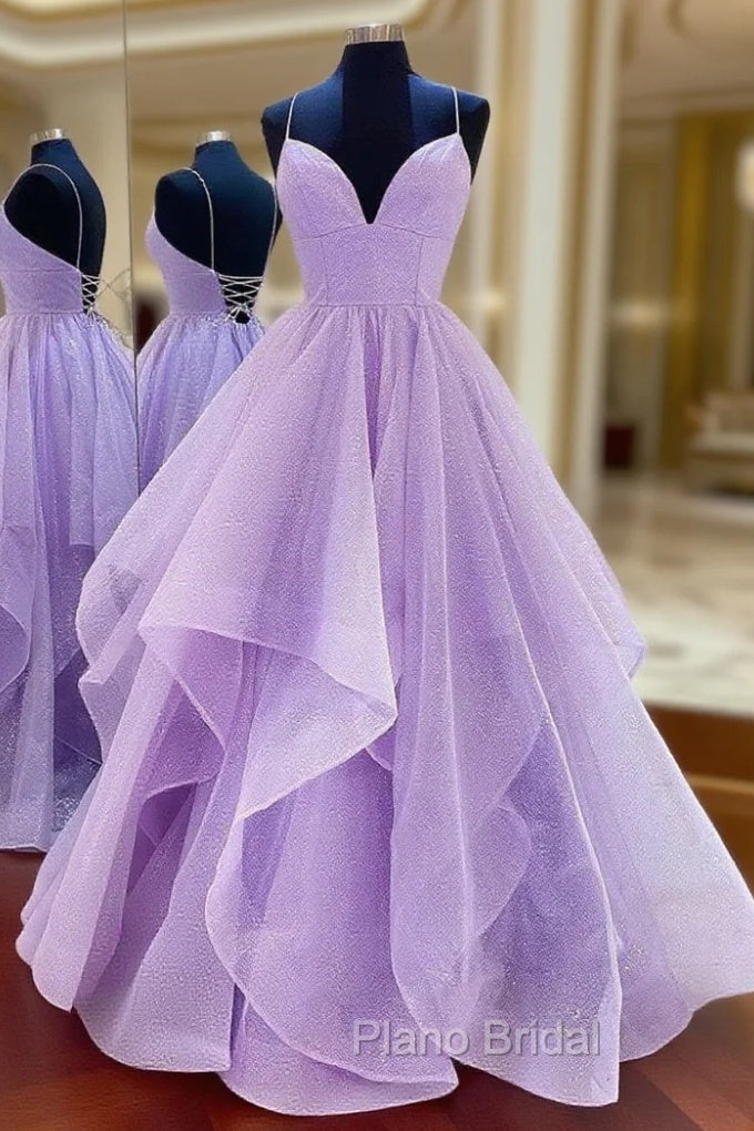 Purple V Neck Tulle Sequin Long Formal Prom Dresses, Purple Evening Dresses Main image