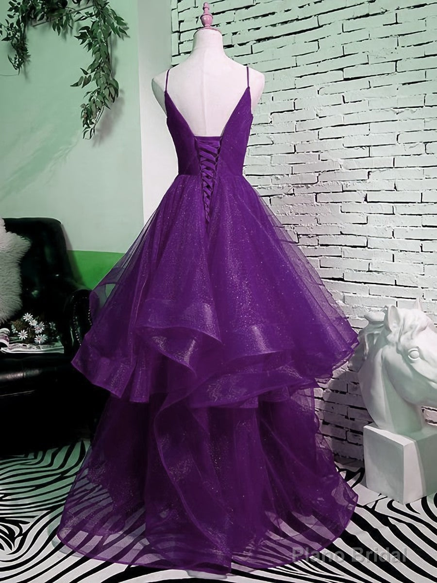 Purple V-neckline Straps Layers Tulle Party Gown, Purple Evening Dress Secondary image