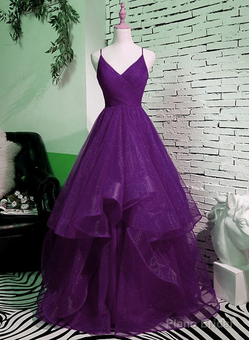 Purple V-neckline Straps Layers Tulle Party Gown, Purple Evening Dress Main image