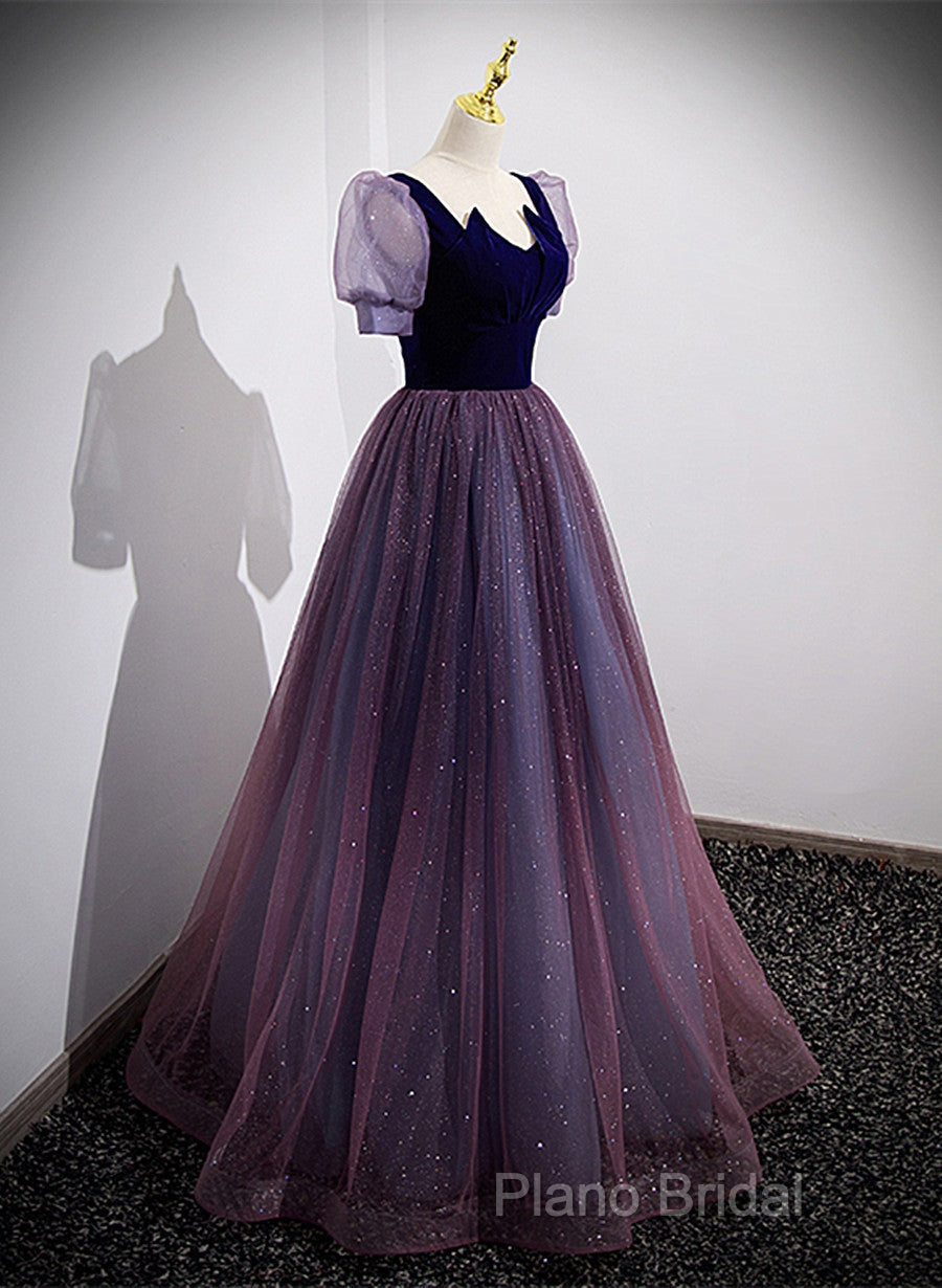 Purple Velvet And Tulle Short Sleeves Formal Dresses, Purple A-Line Formal Dresses Formal Prom Dresses