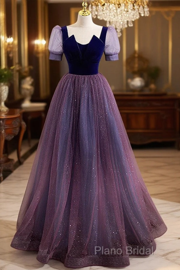 Purple Velvet And Tulle Short Sleeves Formal Dresses, Purple A-Line Formal Dresses Formal Prom Dresses Main image