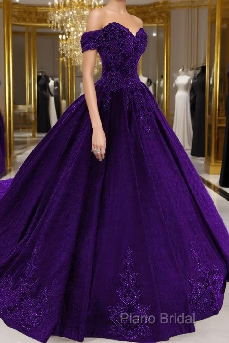 Purple Wedding Dresses, Lace Ball Gown Formal Prom Dresses, Off The Shoulder For Women