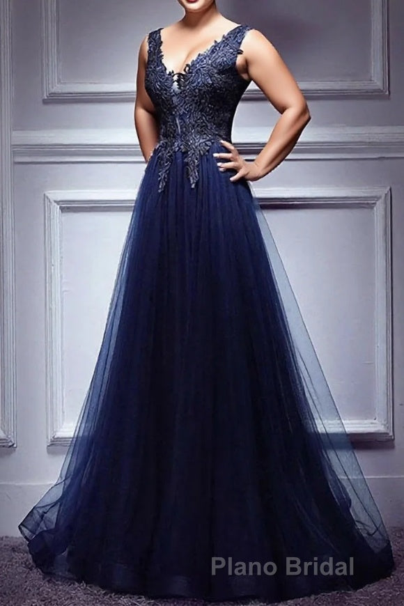Dark Blue Lace V Neck Long Formal Prom Dresses, Lace Evening Dresses Main image