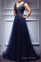 Dark Blue Lace V Neck Long Formal Prom Dresses, Lace Evening Dresses
