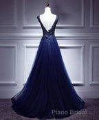 Dark Blue Lace V Neck Long Formal Prom Dresses, Lace Evening Dresses