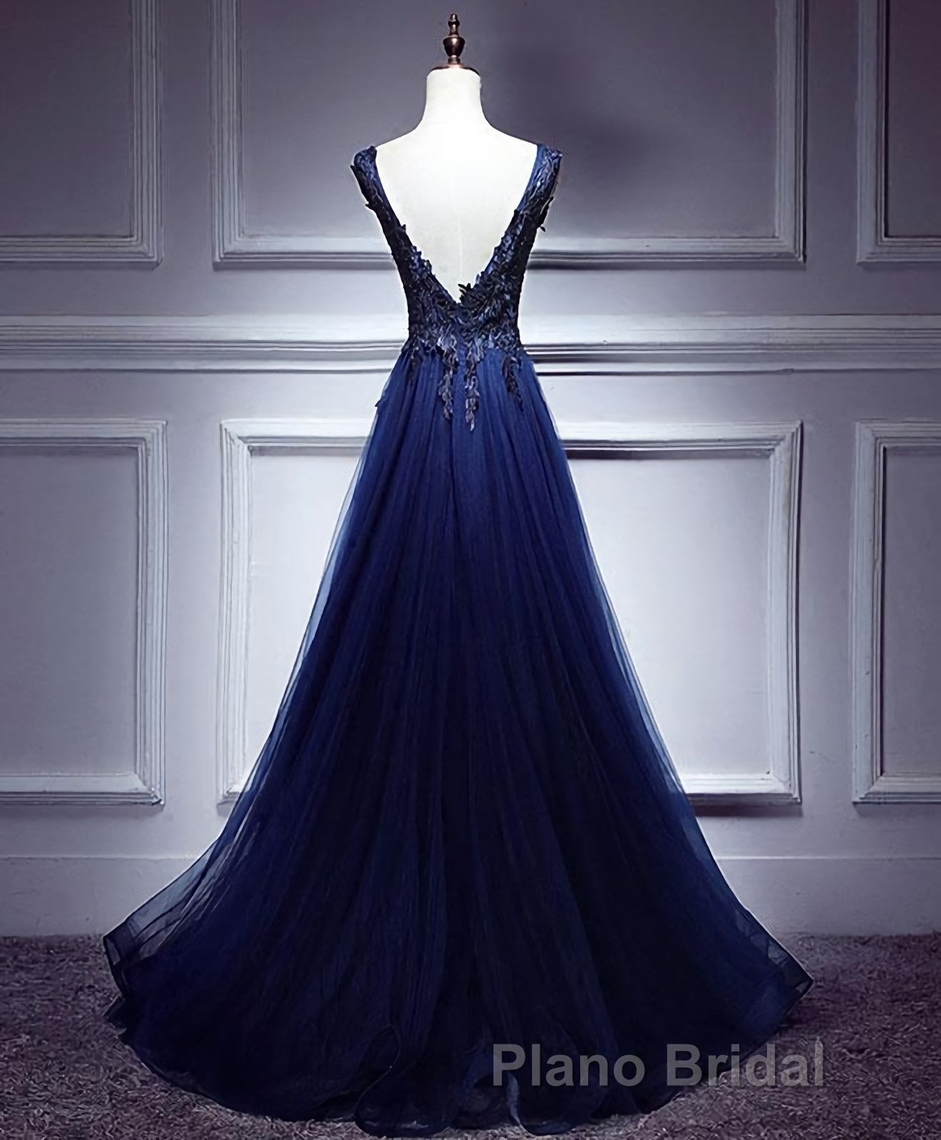 Dark Blue Lace V Neck Long Formal Prom Dresses, Lace Evening Dresses