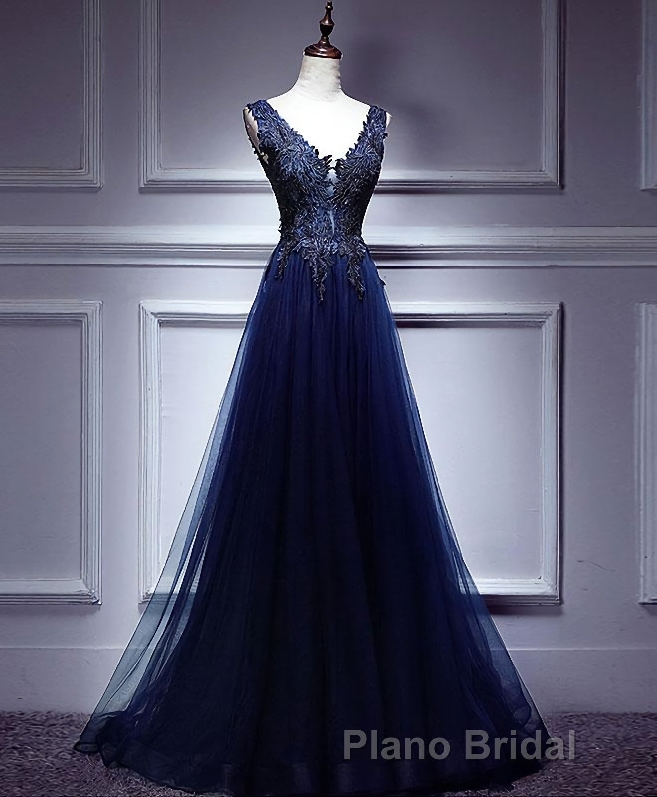 Dark Blue Lace V Neck Long Formal Prom Dresses, Lace Evening Dresses Secondary image