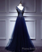 Dark Blue Lace V Neck Long Formal Prom Dresses, Lace Evening Dresses