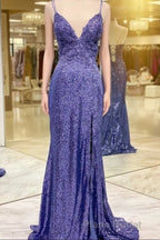 Mermaid Purples Sequins Long Formal Prom Dresses with Slit