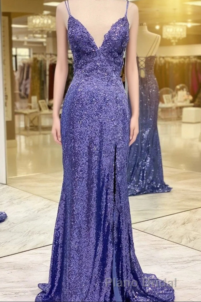 Mermaid Purples Sequins Long Formal Prom Dresses with Slit