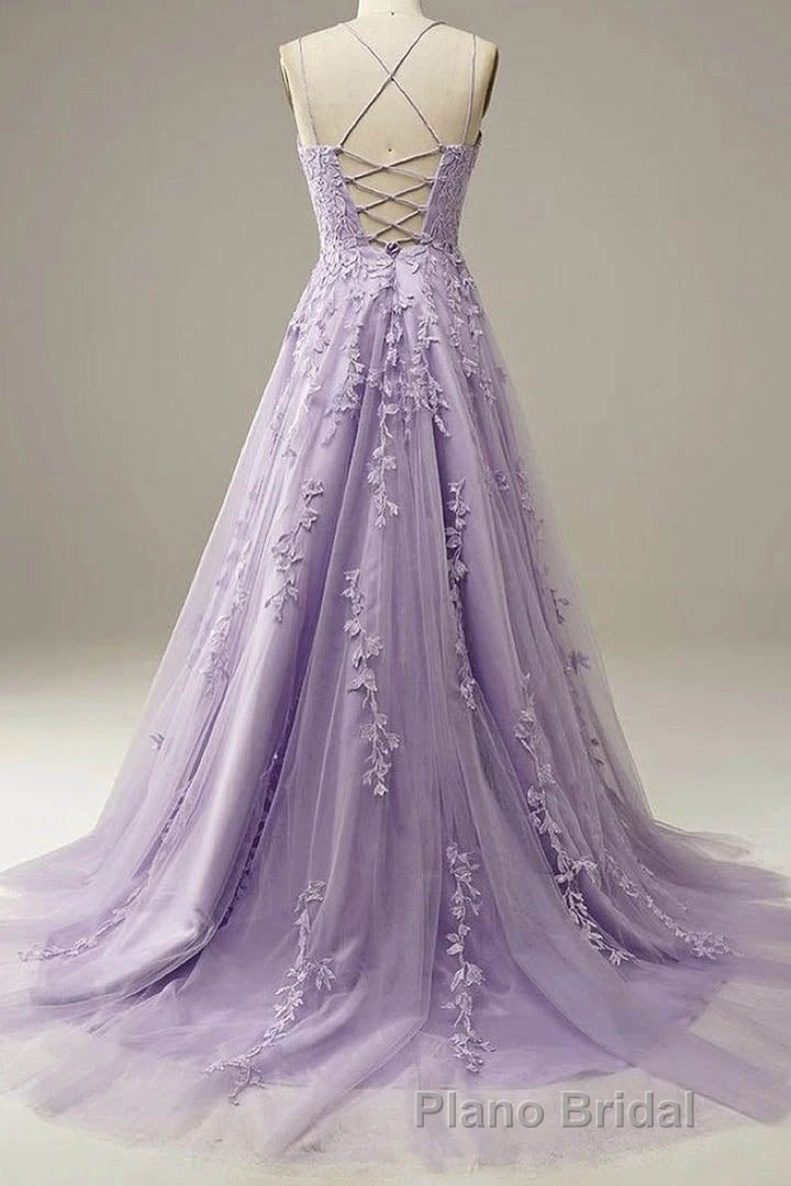 Light Purple Lace Applique A Line Spaghetti Straps Formal Prom Dresses Evening Gown