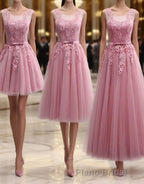 Pink Round Neck Lace Tulle Formal Prom Dresses, Lace Evening Dresses