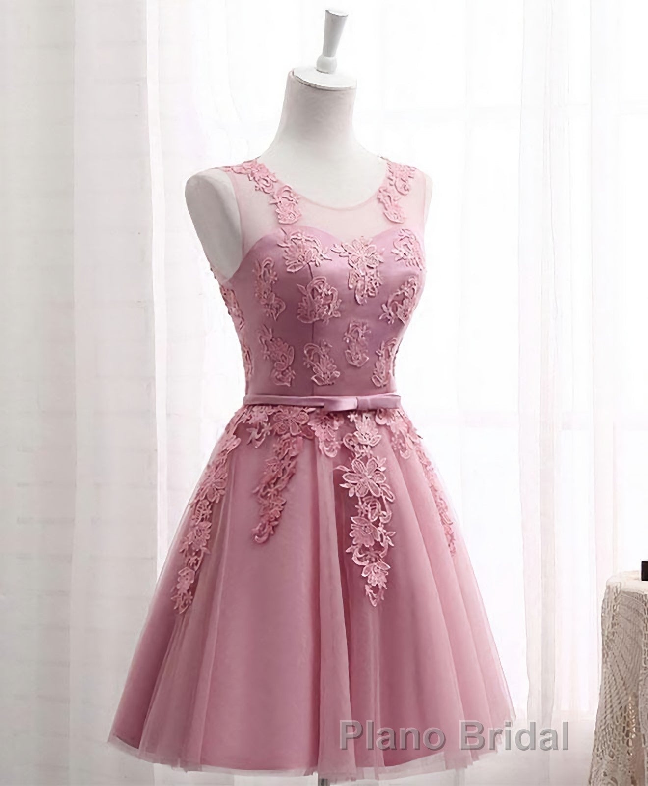 Pink Round Neck Lace Tulle Formal Prom Dresses, Lace Evening Dresses