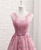 Pink Round Neck Lace Tulle Formal Prom Dresses, Lace Evening Dresses