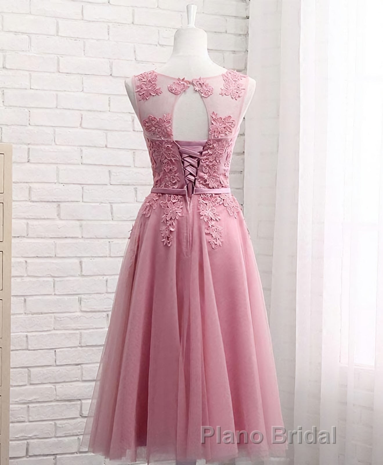 Pink Round Neck Lace Tulle Formal Prom Dresses, Lace Evening Dresses