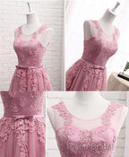 Pink Round Neck Lace Tulle Formal Prom Dresses, Lace Evening Dresses