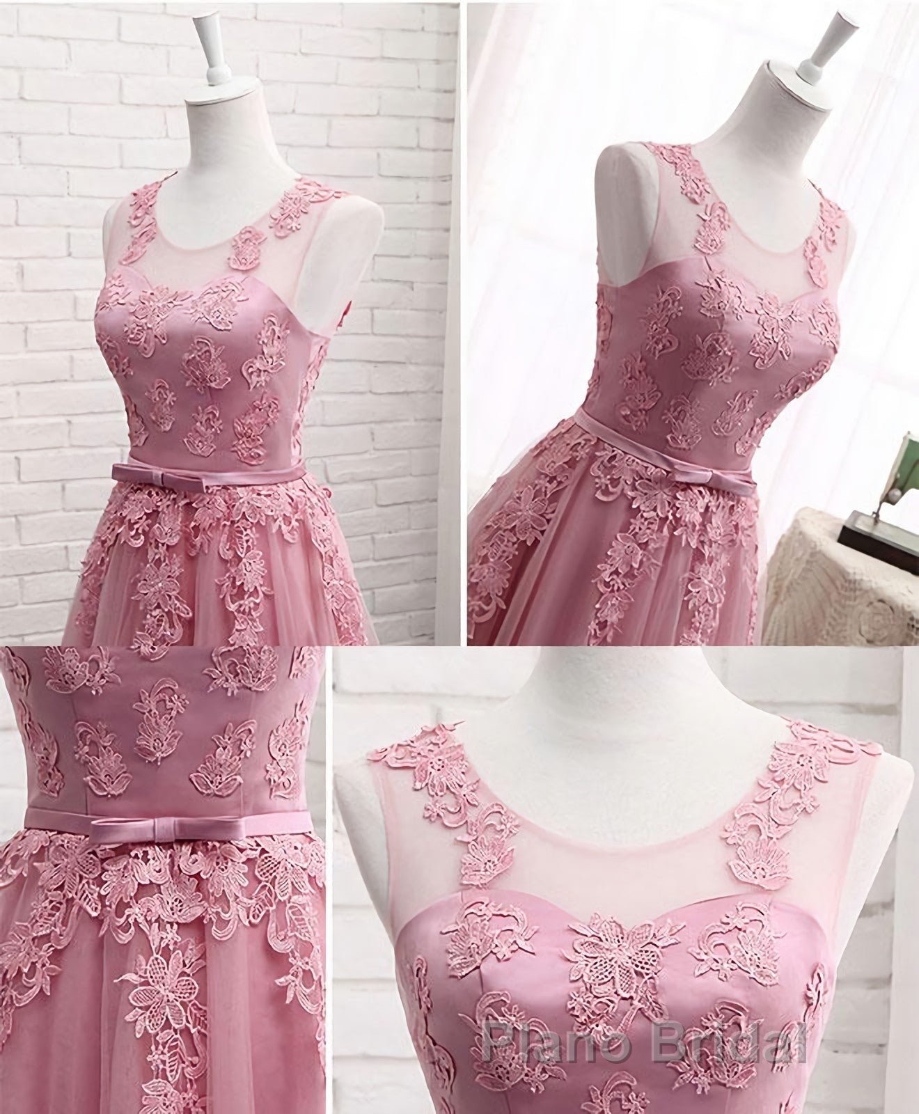 Pink Round Neck Lace Tulle Formal Prom Dresses, Lace Evening Dresses