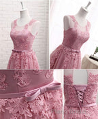 Pink Round Neck Lace Tulle Formal Prom Dresses, Lace Evening Dresses