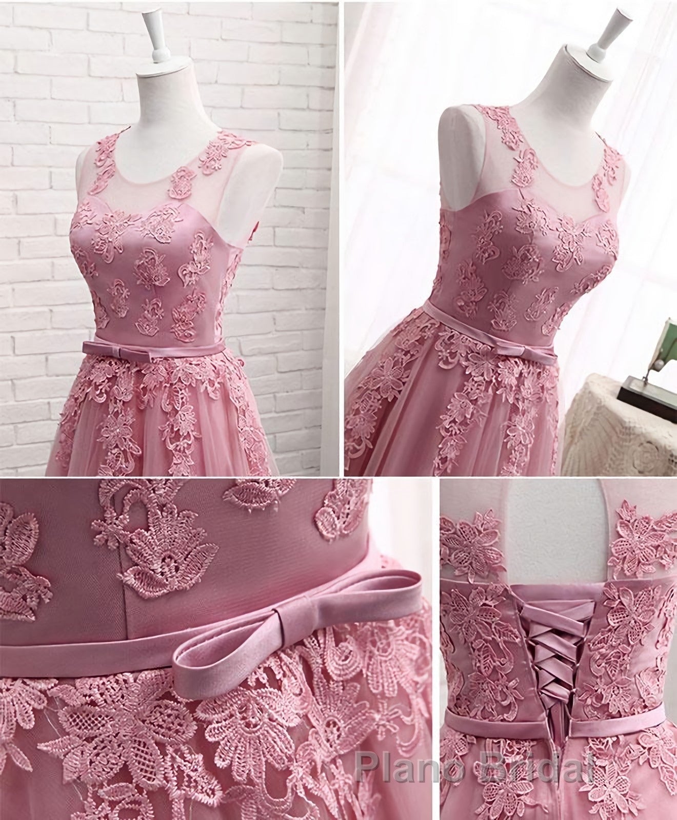 Pink Round Neck Lace Tulle Formal Prom Dresses, Lace Evening Dresses
