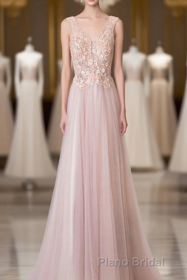 Pink V Neck Lace Long Formal Prom Dresses, Cheap Evening Dresses Main image