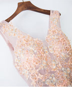 Pink V Neck Lace Long Formal Prom Dresses, Cheap Evening Dresses