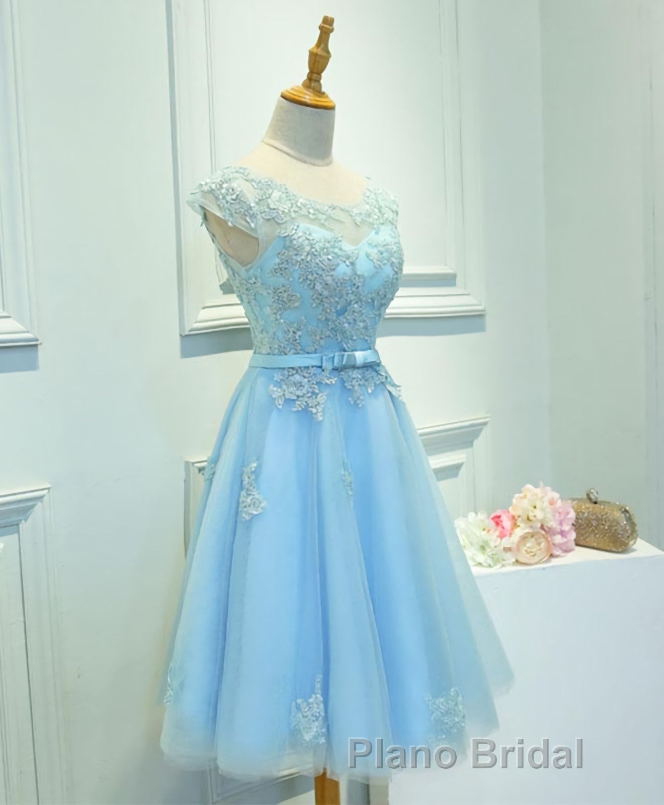 Light Blue Lace Tulle Short Formal Prom Dresses, Homecoming Dresses