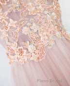 Pink V Neck Lace Long Formal Prom Dresses, Cheap Evening Dresses