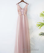 Pink V Neck Lace Long Formal Prom Dresses, Cheap Evening Dresses