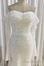 Ivory Mermaid Sequined Formal Prom Dresses with Long Sleeves, Sparkly Long Party Dresses