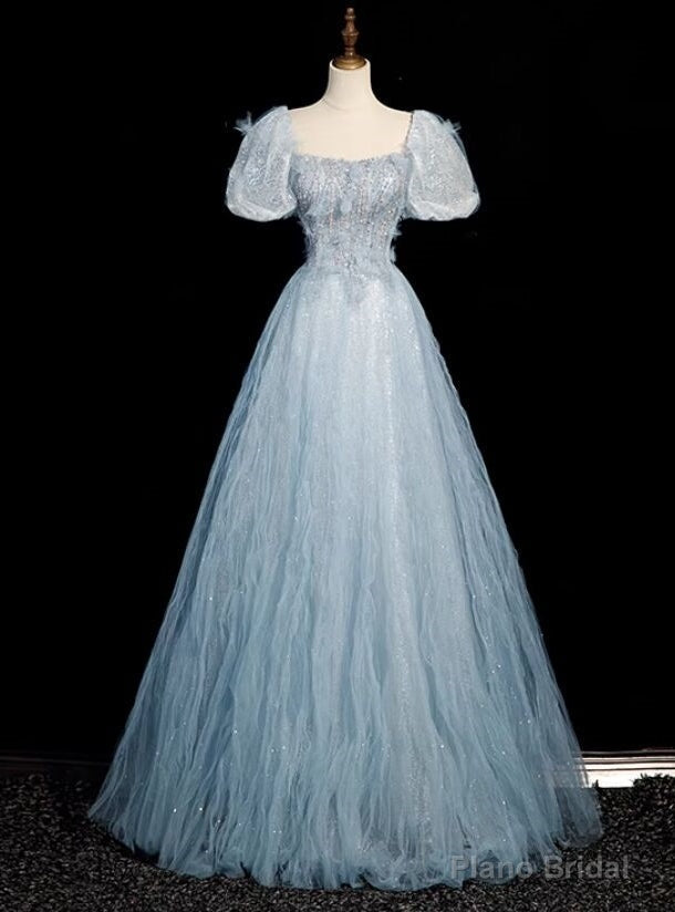 Queenly Blue Tulle Sequins Puff Sleeve Beading Prom Dress