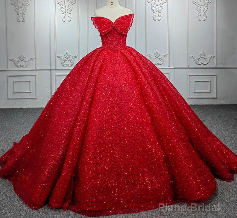 Quinceanera Ball Gown Red Sleeveless Sequined Dress Main image