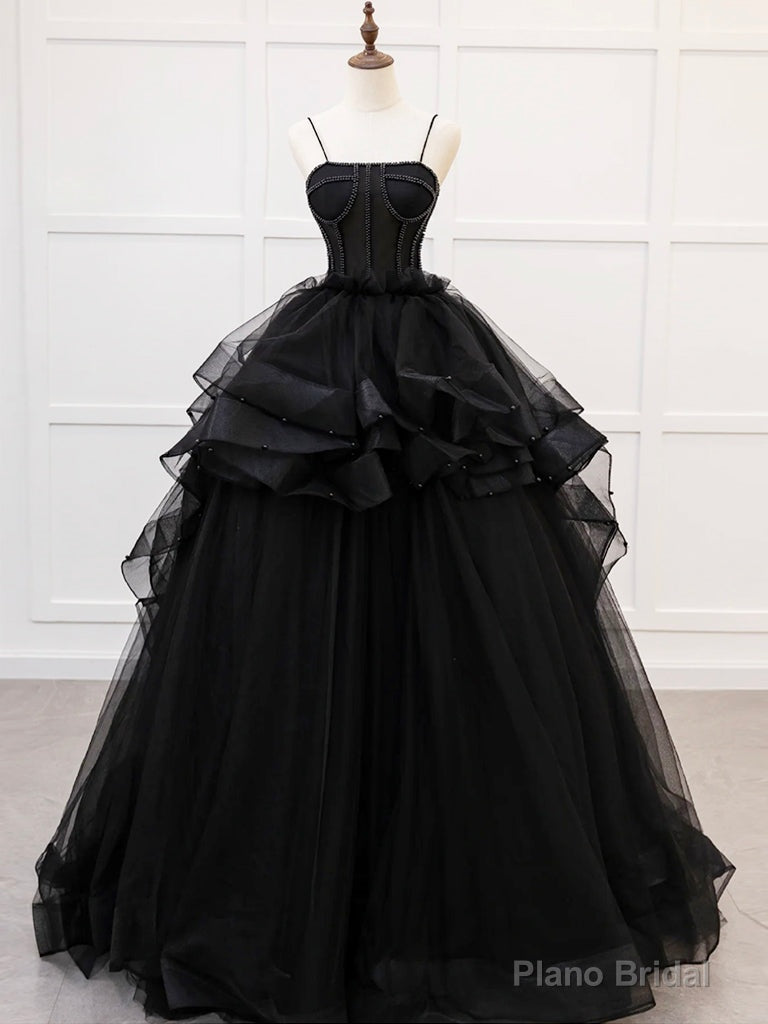 Quinceanera Dress A-Line Tulle Beads Black Long Prom Dress Black Sweet Dress