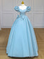 Quinceanera Dress Blue Satin Puff Sleeves Long Prom Gown Blue Long Sweet Dress