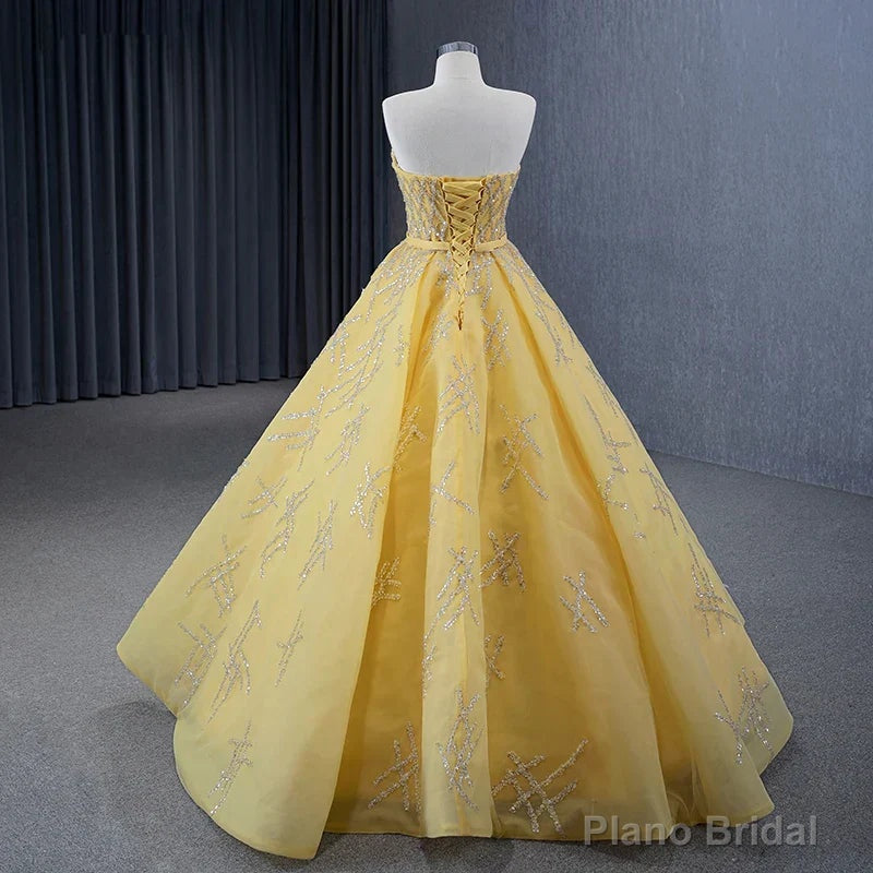 Quinceanera Dress Elegant Yellow Strapless Sequins Ball Gown Lace Up Pleated Evening Dress