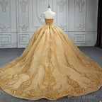 Quinceanera Dress Gold Beading Formal Long Evening Dress Spaghetti Straps Ball Gown