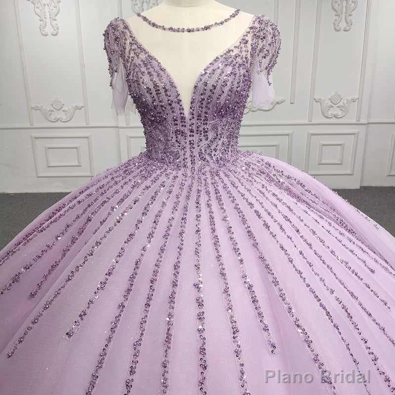 Quinceanera Dress Princess Sheer Neck Long Prom Dresses Short Sleeves Ball Gown