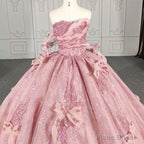 Quinceanera Dress Romantic Pink beading Prom Dresses Sequined Sleeveless with Bowknot