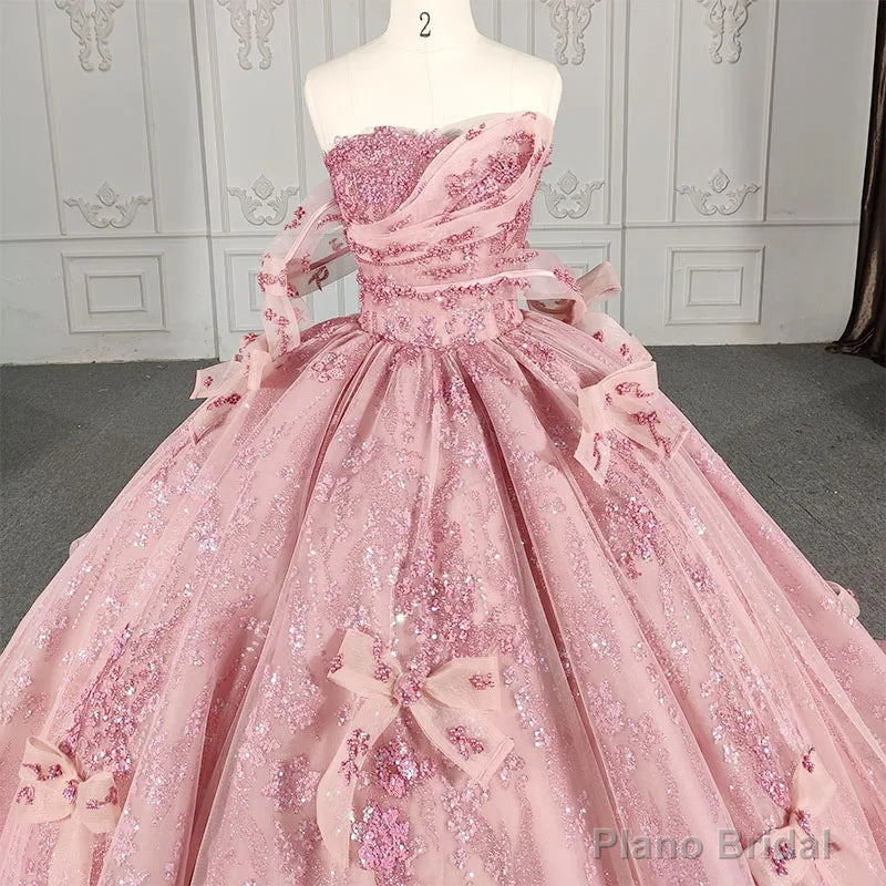 Quinceanera Dress Romantic Pink beading Prom Dresses Sequined Sleeveless with Bowknot