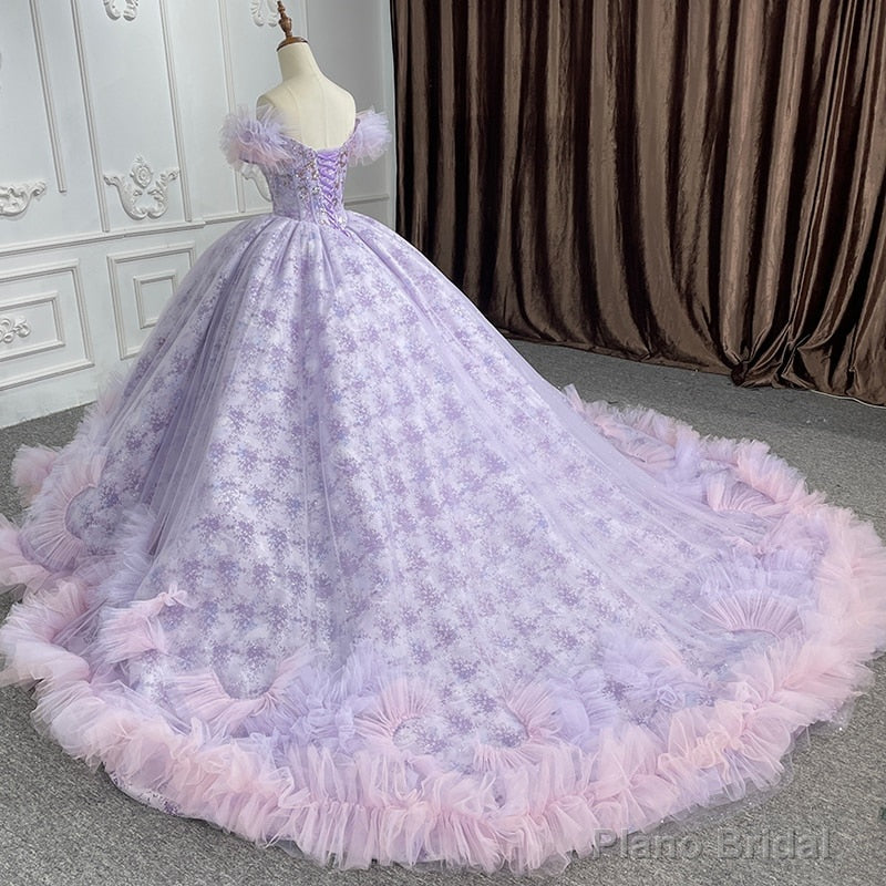 Quinceaera lace  Off-the-Shoulder Ball Gown Purple Sequined Dress