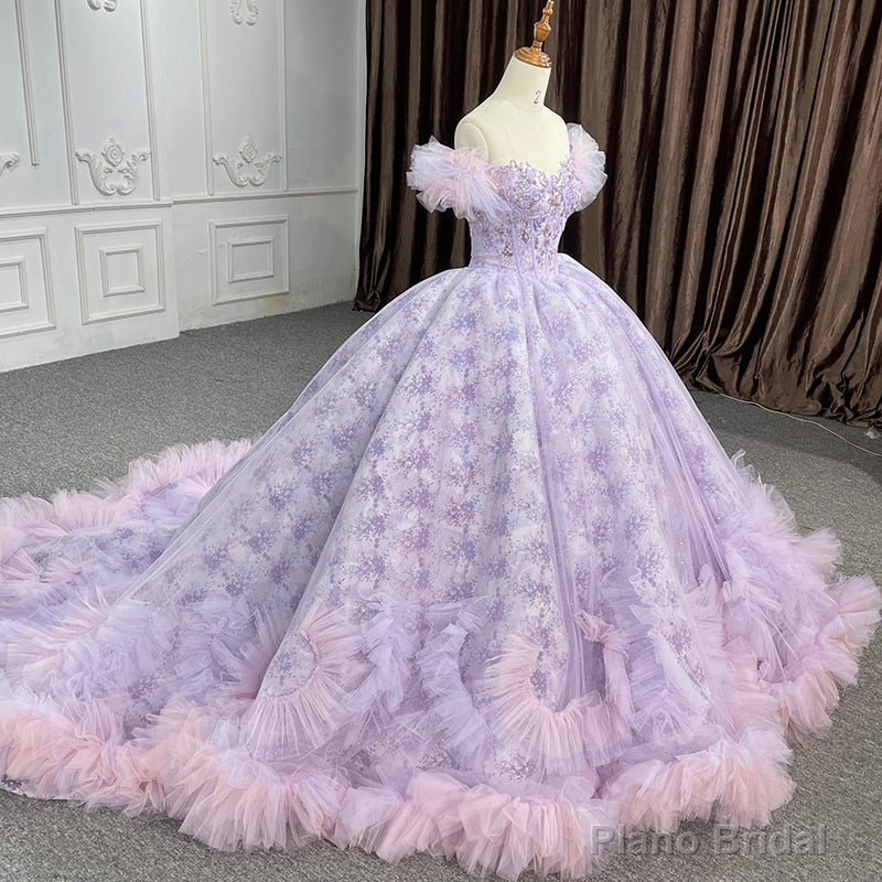 Quinceaera lace  Off-the-Shoulder Ball Gown Purple Sequined Dress