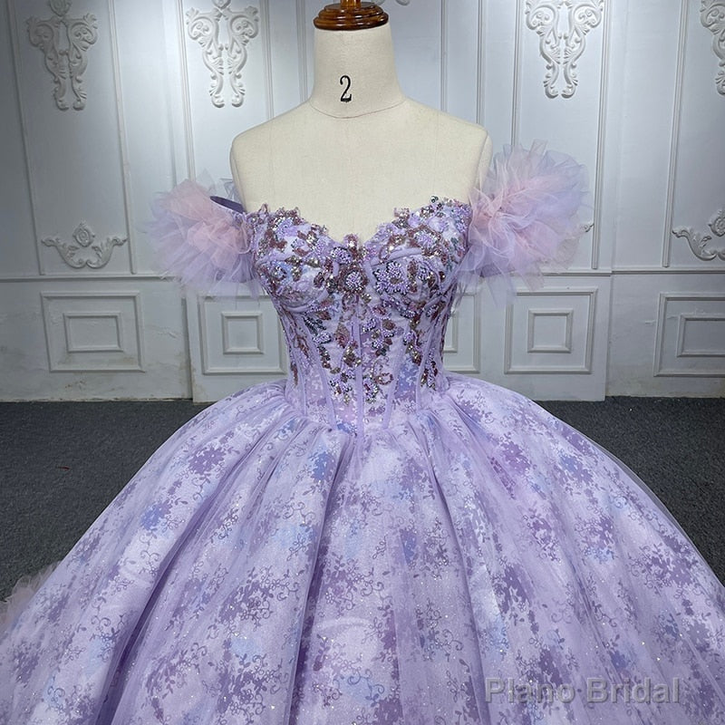 Quinceaera lace  Off-the-Shoulder Ball Gown Purple Sequined Dress
