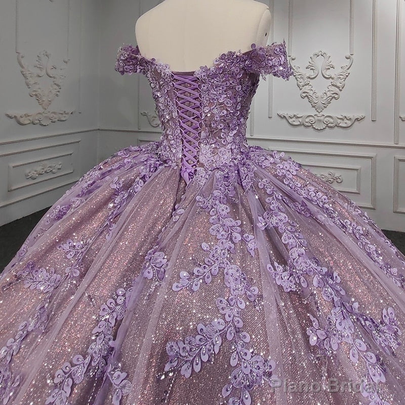 Quinceanera Purple  Off-the-Shoulder Ball Gown Flower Dress
