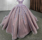 Quinceanera Purple  Off-the-Shoulder Ball Gown Flower Dress