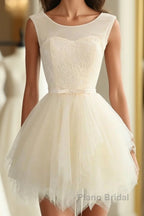 Cute A Line Tulle Round Neck Mini Formal Prom Dress, Cheap Evening Dress