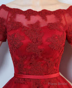 Burgundy Lace High Low Short Prom Dress, Lace Evening Dress