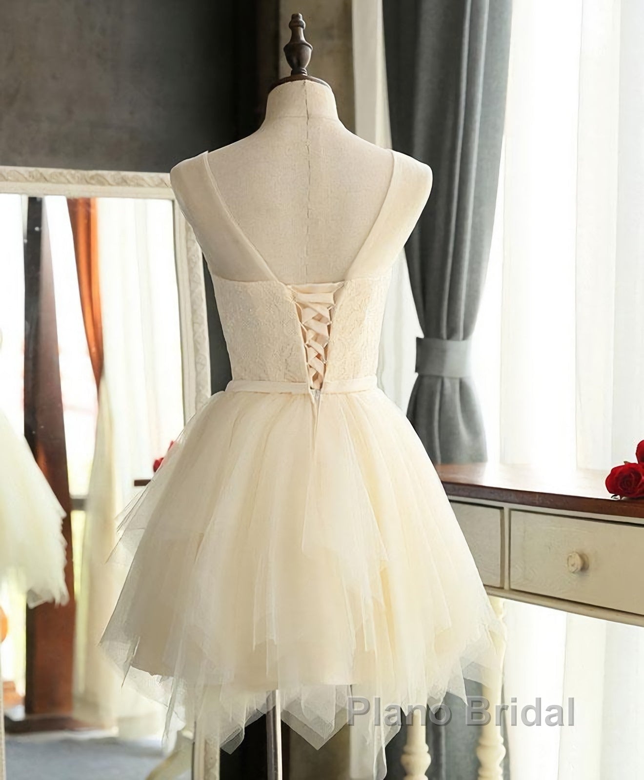 Cute A Line Tulle Round Neck Mini Formal Prom Dress, Cheap Evening Dress Secondary image
