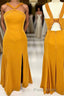 Cross Straps Mustard Yellow Chiffon Long Bridesmaid Dresses with Slit
