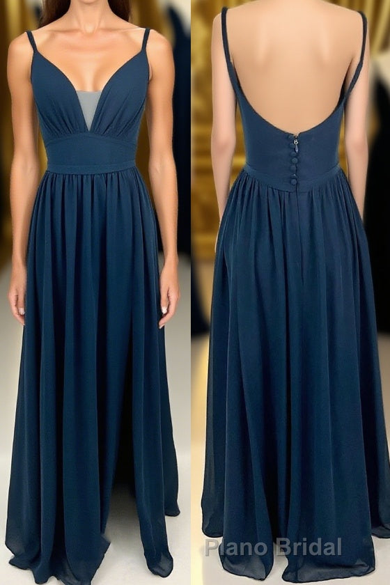 Navy Blue Chiffon A-line Long Bridesmaid Dresses with Buttons Main image